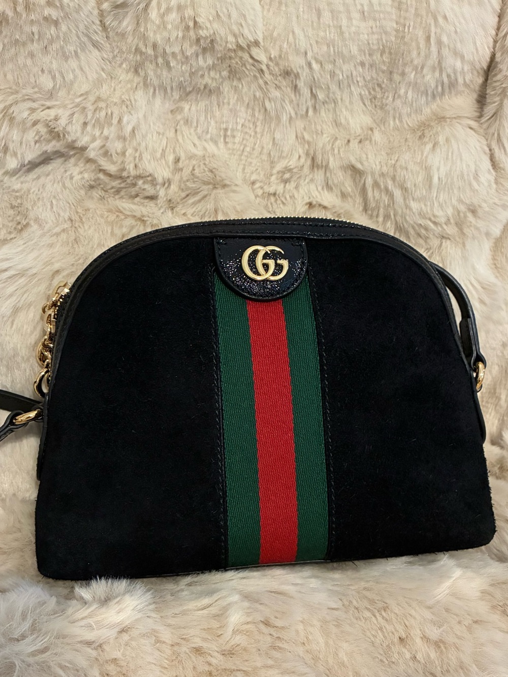 Gucci Black Suede Crossbody with Green-Red Web Stripe